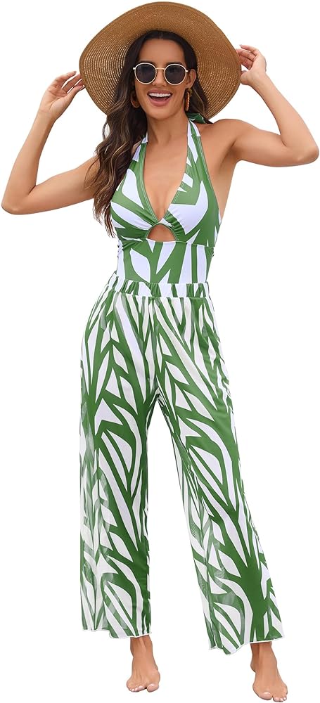 Women's One Piece Halter Swimsuits with Matching Beach Cover up mesh Wide leg Pants