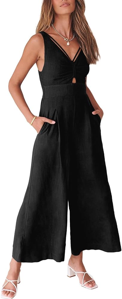 ANRABESS Women's Summer Wide Leg Linen Jumpsuits Dressy V Neck Sleeveless Casual Pants Rompers 2024 Vacation Beach Outfits