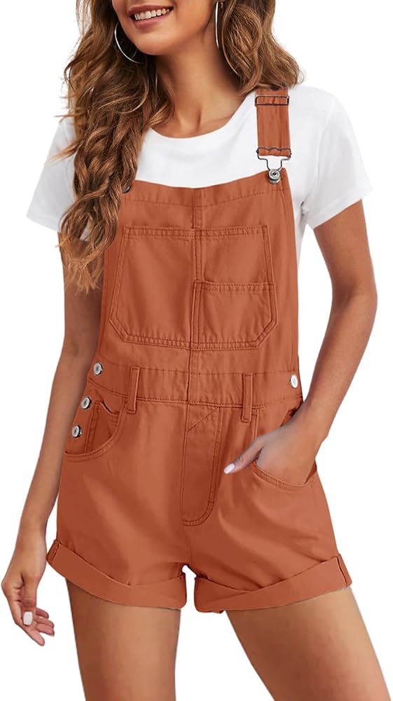 Nirovien Womens Overalls Vintage Sleeveless Rompers Adjustable Strap Casual Short Jumpsuit With Bib Pocket