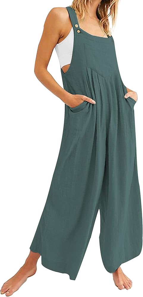 SeekMe Women's Casual Linen Overalls Loose Fit Sleeveless Adjustable Straps Wide Leg Jumpsuit with Pockets