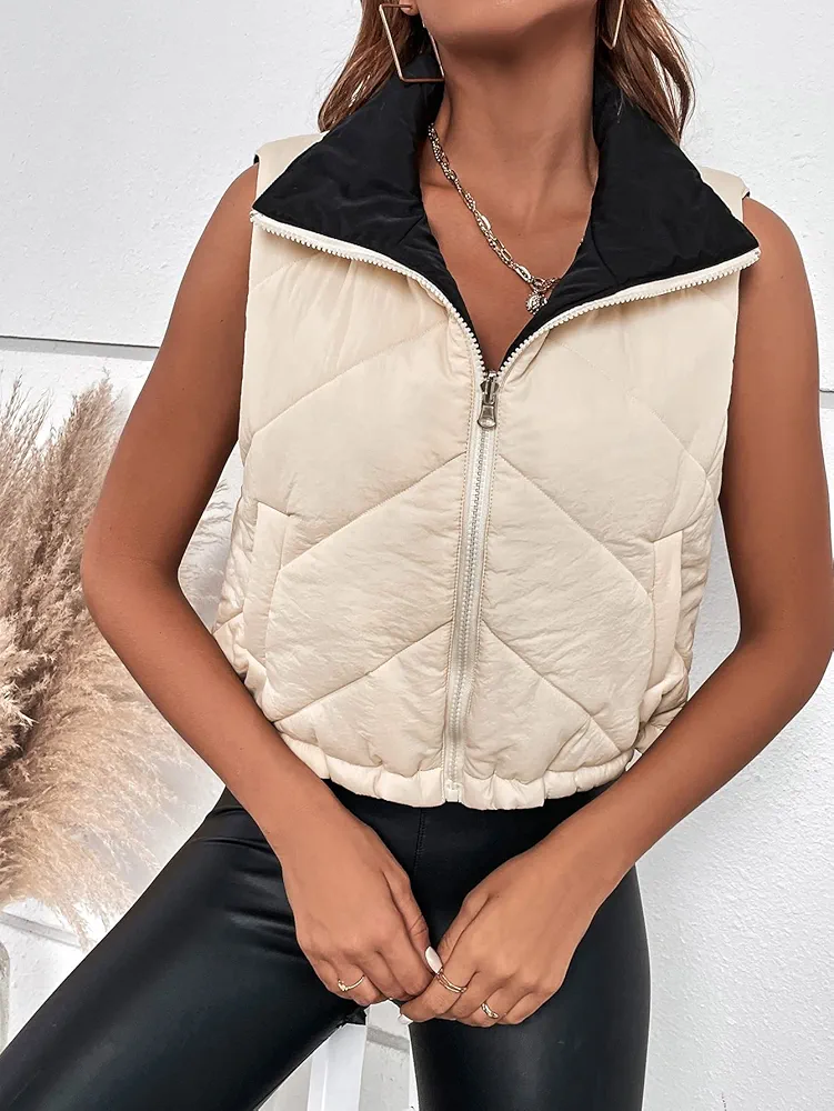 Jackets for Women Women's Jacket Drawstring Hem Zipper Vest Puffer Coat Jackets (Color : Apricot, Size : Small)