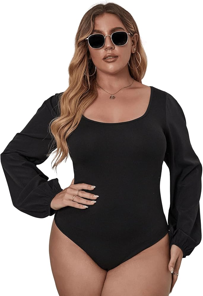 WDIRARA Women's Plus Size Bishop Long Sleeve Scoop Neck Bodysuit Casual Tops