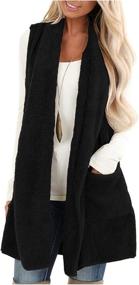 Women's Cardigans Sleeveless Sherpa Fleece Vest With Pockets Lapel Open Front Solid Color Sweater Fuzzy Jacket Coat