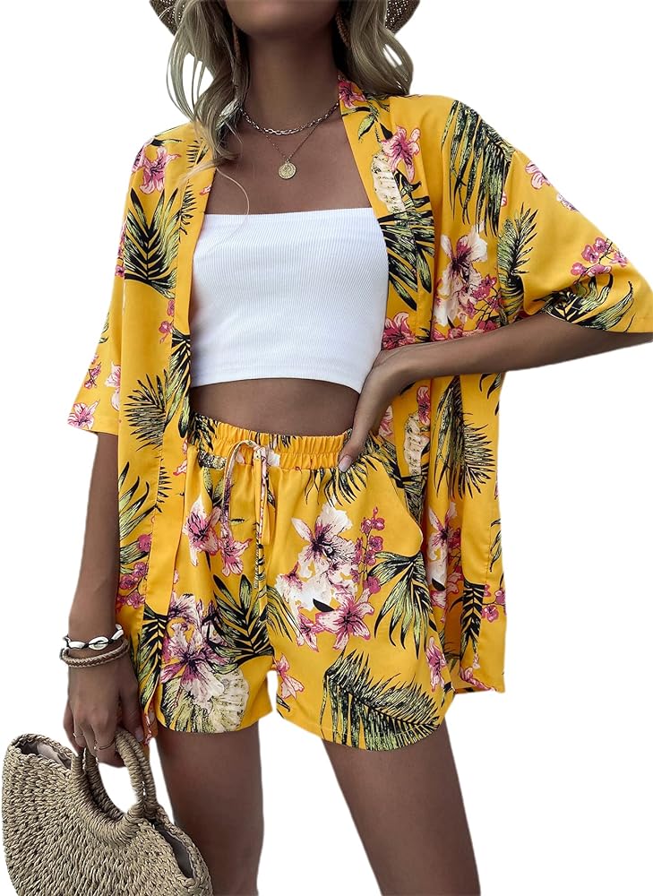 Milumia Women's Two Piece Outfits Tropical Print Drop Shoulder Blouse and Shorts Set Multicolor Small