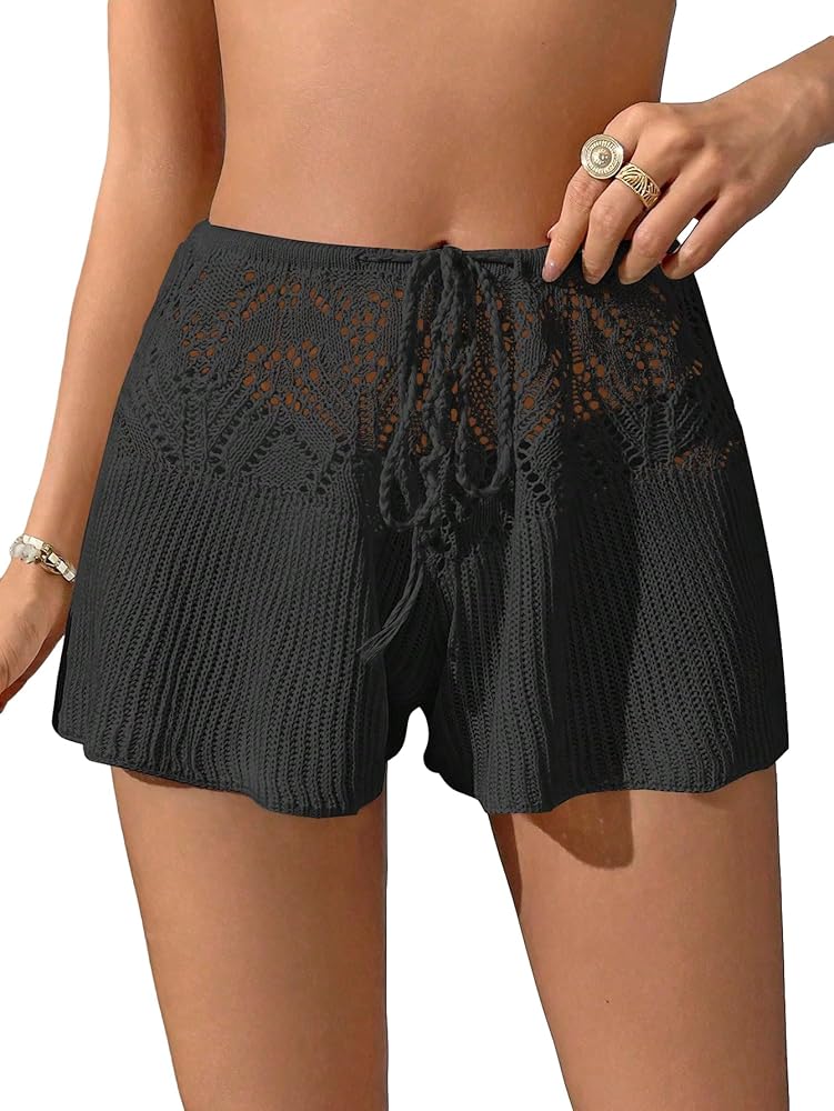 Verdusa Women's Hollow Out Crochet Beach Cover Up Knit Loose Wide Leg Shorts