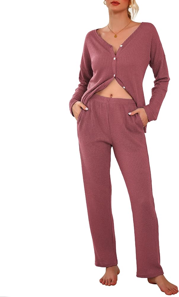 Ekouaer Womens Waffle Knit Pajamas Loungewear Two-piece Sleepwear Button-Down Pj Set with Pockets