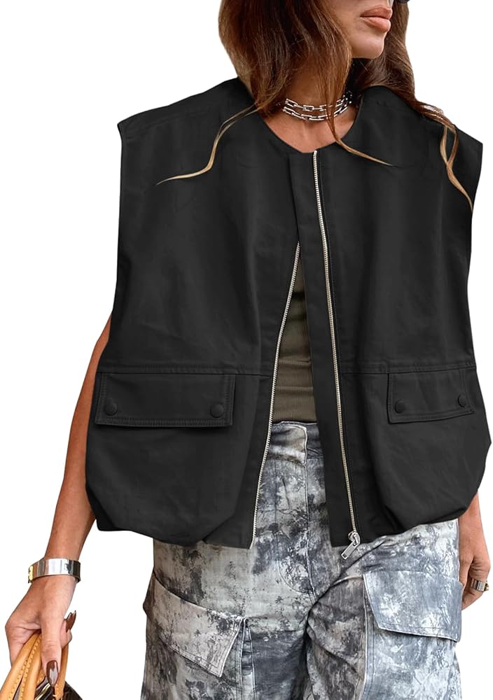 CHARTOU Women Casual Zip Up Vest Sleeveless Cargo Oversized Coat Blazer Ruched Hem Jackets Top with Pockets