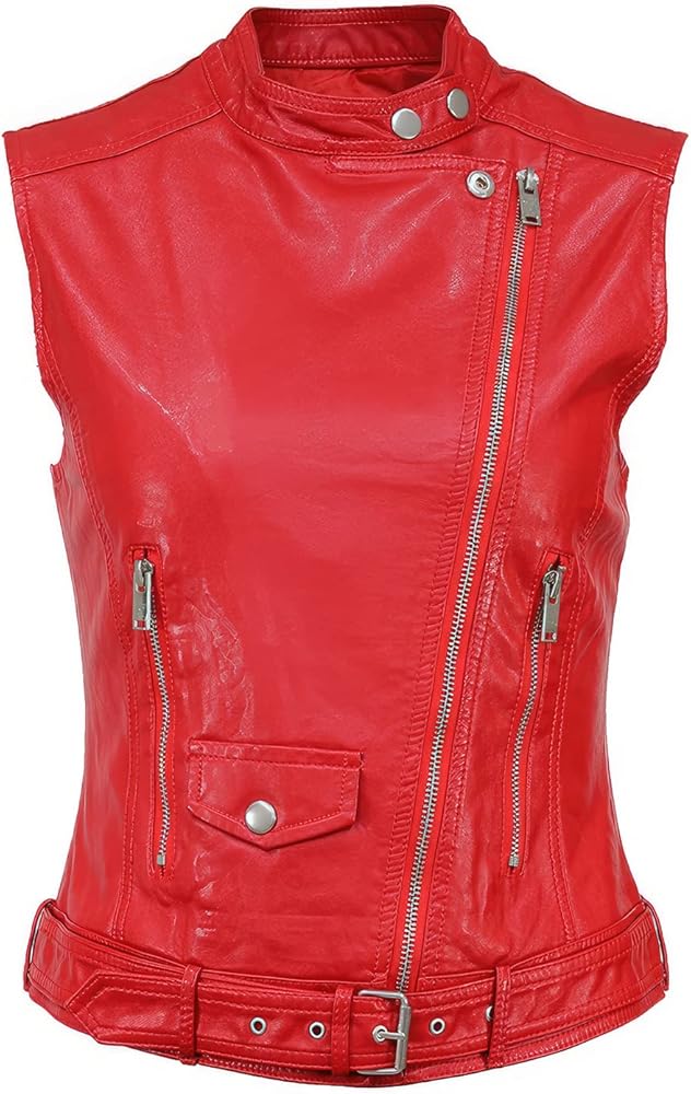 Women’s Red Genuine Sheepskin Leather Jacket Sleeveless Vest Casual Café Racer Asymmetric Waistcoat