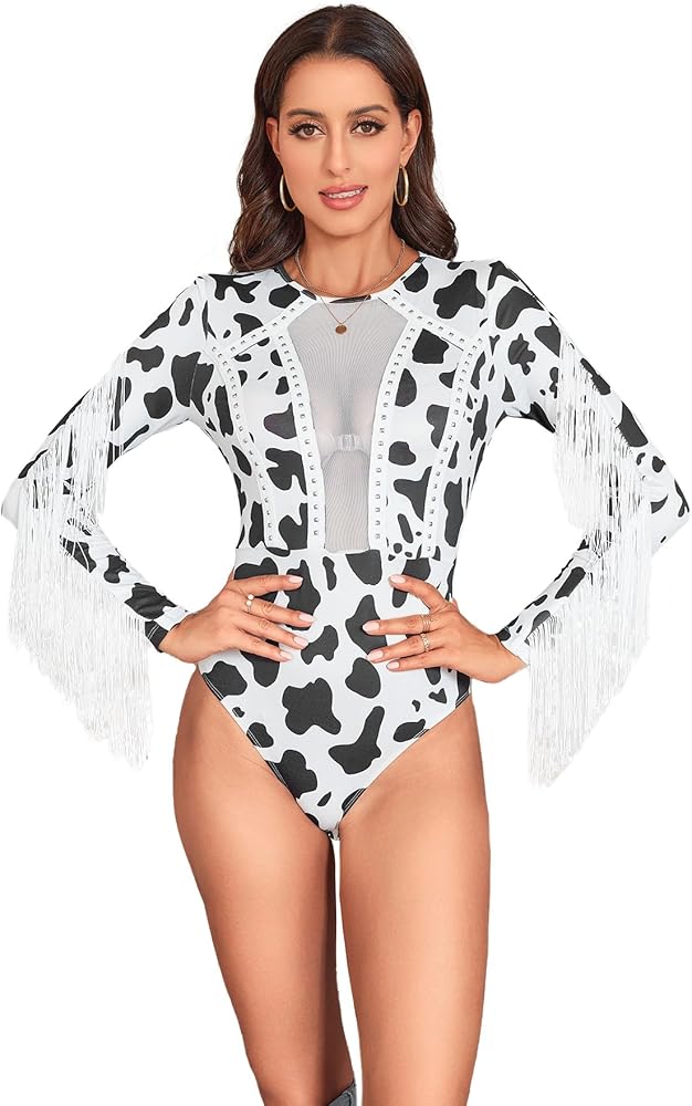 SweatyRocks Women's Printed Fringe Long Sleeve Sheer Mesh Bodysuit Tops