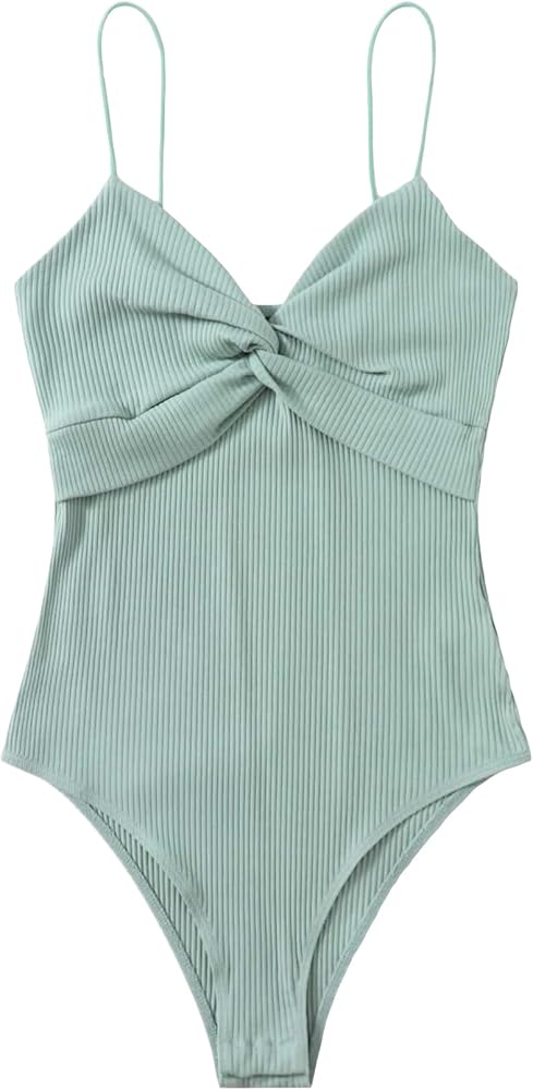 Milumia Women's Elegant Twist Front Spaghetti Strap Ribbed Knit Cami Bodysuit Tops Green X-Large