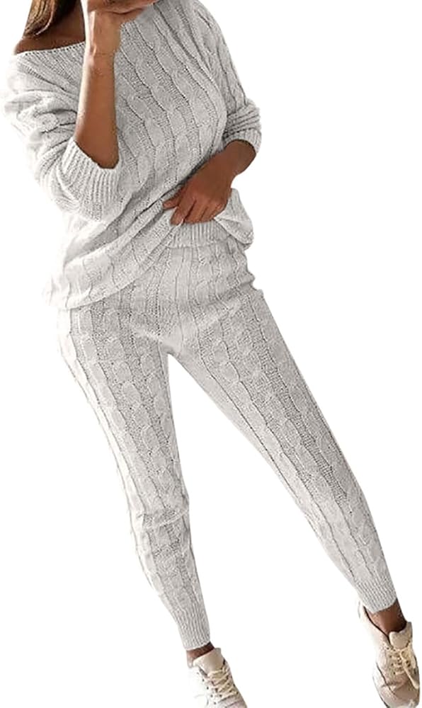 Women's Pajama Sets Solid Off Shoulder Cable Knitted Warm 2Pc Loungewear Suit Set, S-2XL