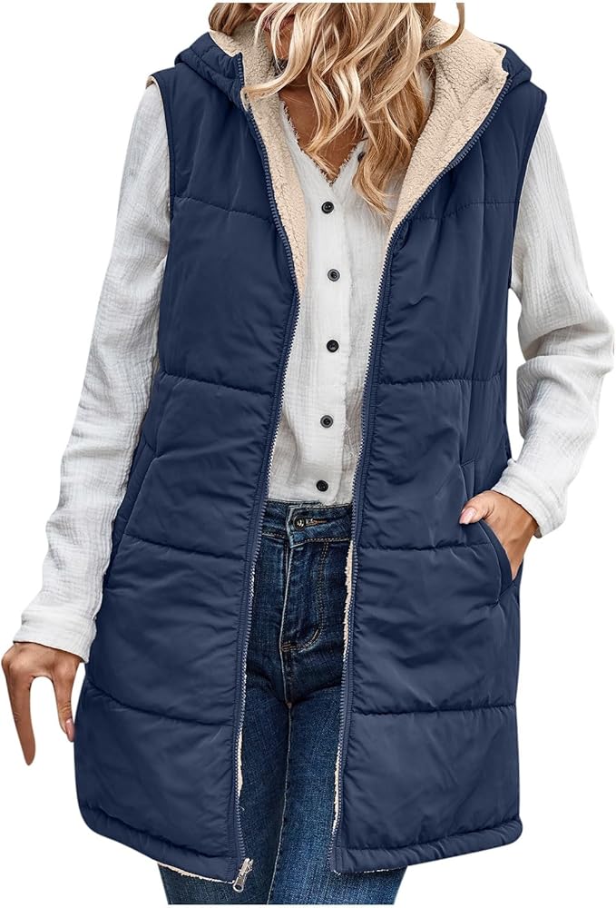 Puffer Vest Women Long Down Hooded Vests Plus Size Winter Sleeveless Zip Up Jacket Thick Warm Coats Outerwear Brown Vest Women Puffer with Pockets Purple Puffer Jacket