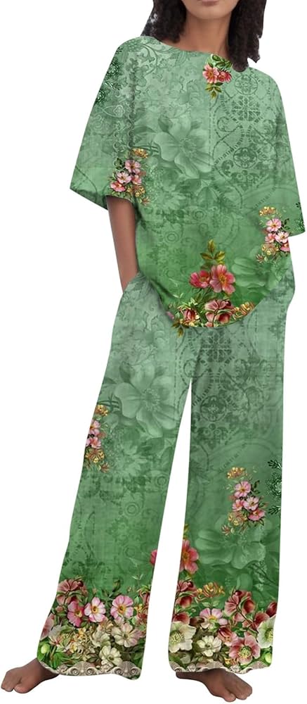 Women's Summer 2 Piece Outfits Short Sleeve Oversized Shirts And Pants Fall Tracksuit Pajama Lounge Jogger Sets