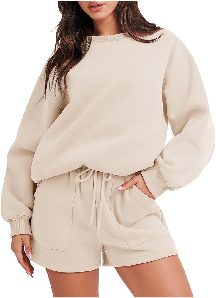 Linen Lounge Sets for Women Sweatshirt Sets for Women 2 Piece Shorts Oversized Tacksuit Set Sport Shorts with Pockets 2023 Fashion Trends Women Outfits Khaki XL