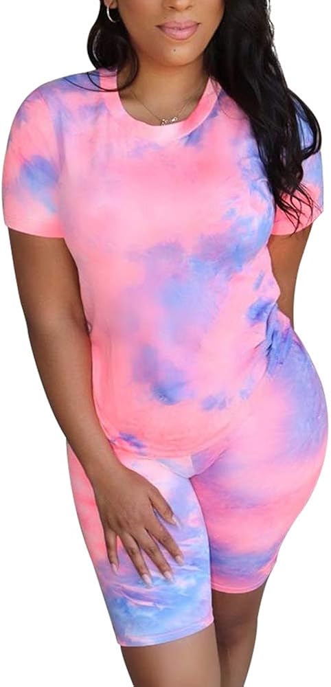 acelyn Women 2 Piece Outfit Short Sleeve Tie Dye Floral Print T-Shirts Bodycon Shorts Set Tracksuit Jumpsuit Rompers