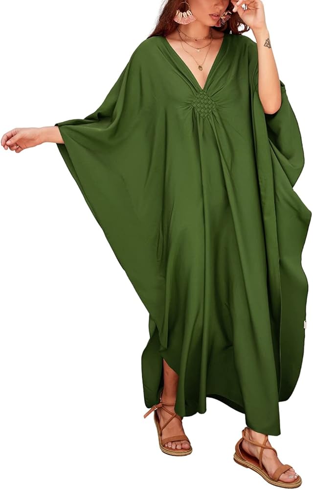 AILUNSNIKA Women Plus Size Beach Kaftan Dresses V Neck Batwing Sleeve Swimsuit Cover Up Caftans