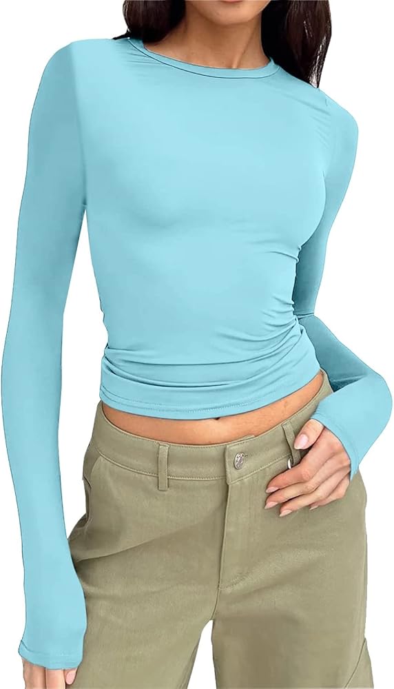 Womens T Shirts Sexy Square Neck Long Sleeve Shirts Casual Solid Tops Basic Fitted Tees 2024 Y2k Workout Clothes