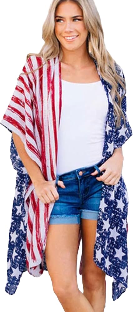 Women's American 4th of JulyFlag Swimsuit Fashion Cover-Up Beachwear Loose Lightweight Tassels Tops