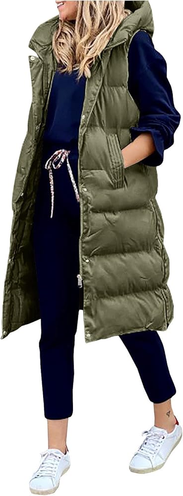 Women's Light Long Down Vest Sleeveless Long Hooded Coats Jacket Winter Warm Vest Coat Outerwear with Hood