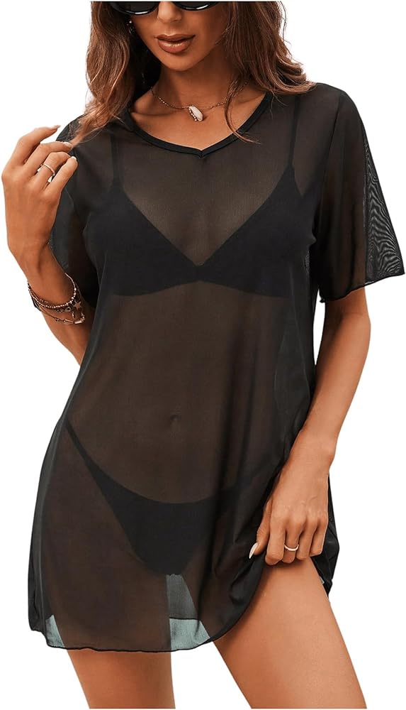 MakeMeChic Women's Sheer Mesh Swimsuit Cover Up See Through V Neck Short Sleeve Beach Dress