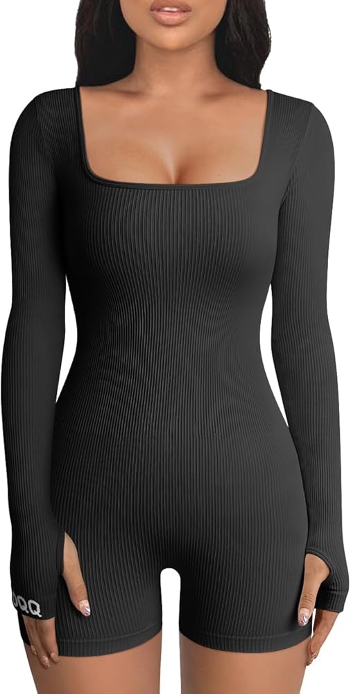 OQQ Women’s Yoga Rompers Workout Ribbed Long Sleeve Square Neck Sport Jumpsuits Rompers