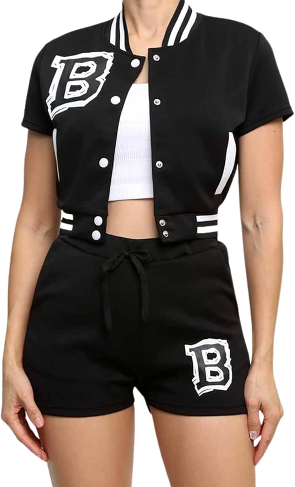 Women Two Piece Outfits Set Short Sleeve Cropped Letter B Varsity Jacket Patchwork Button Down Shorts Tracksuits Set