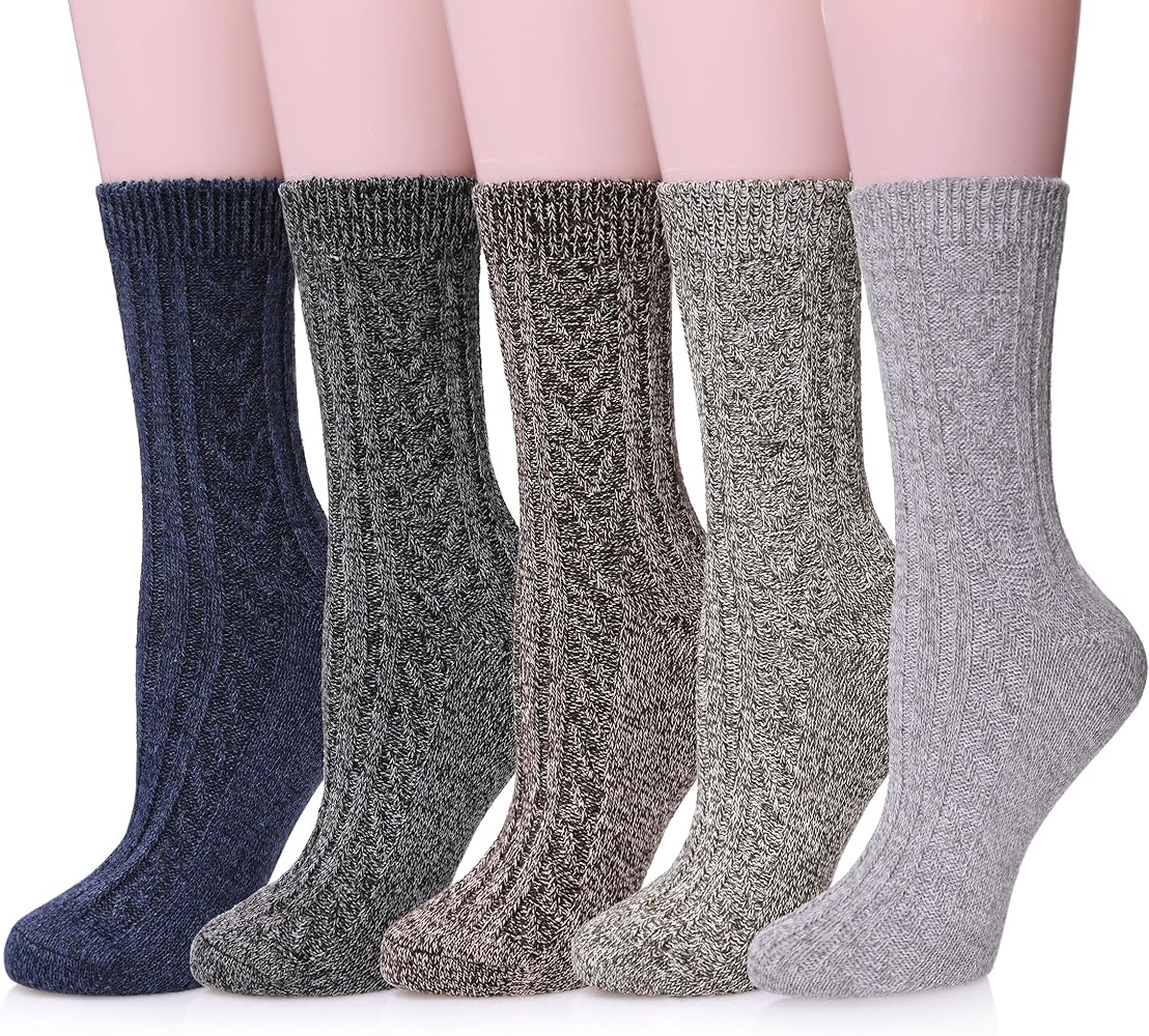 MQELONG Womens 5 Pairs Soft Thick Comfort Casual Cotton Warm Wool Crew Winter Socks