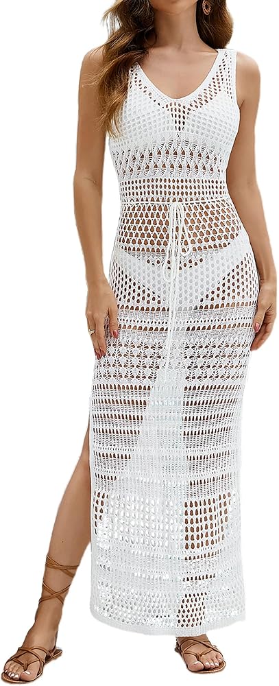 Bsubseach Crochet Bathing Suit Cover Up for Women Hollow Out Swimsuit Coverup Sleeveless Summer Long Beach Dress