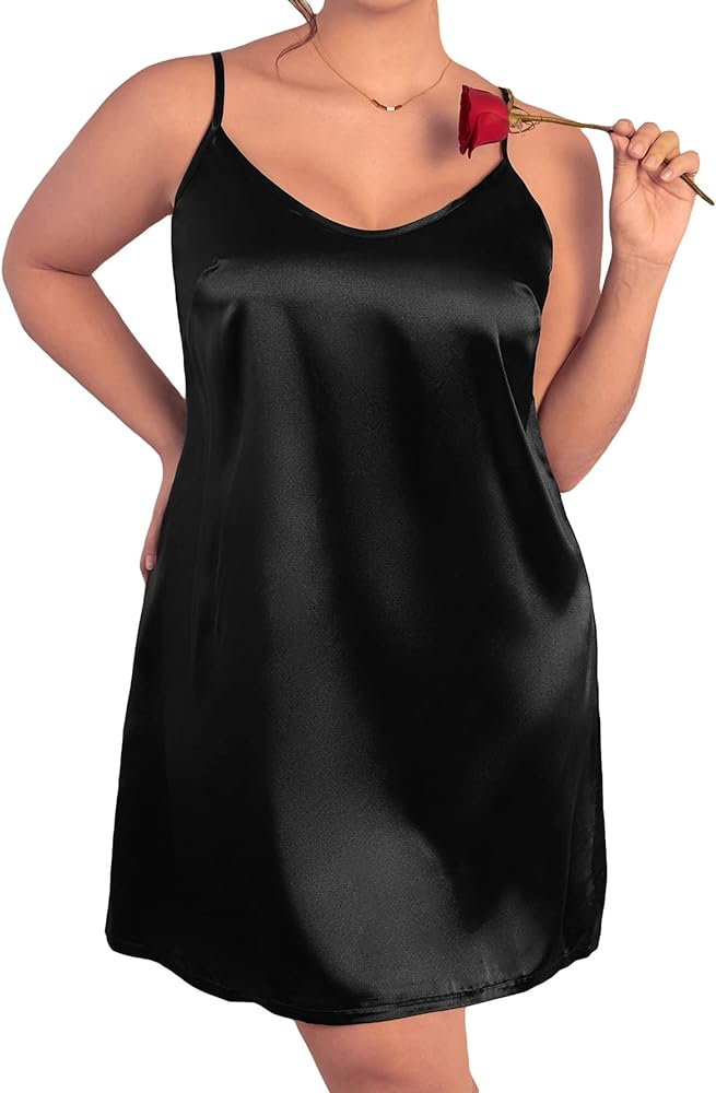 WDIRARA Women's Plus Size Cross Backless Cowl Neck Satin Slip Sexy Lingerie Cami Dress Chemise Nightgown Babydoll Sleepwear