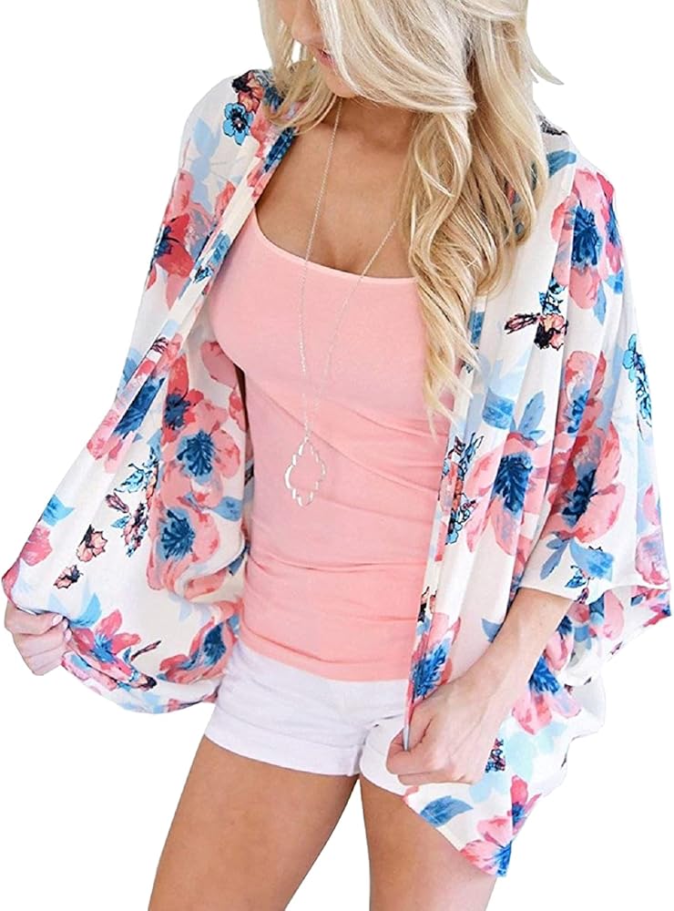 Chunoy Women Chiffon Floral Kimono Cardigan Open Front Beach Wear Cover Up Blouse Top