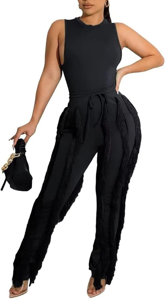 Remxi Women 2 Piece Outfits Jumpsuit Casual Sleeveless Crewneck Sweatshirt High Waist Tassel Fringe Pants Sweatsuit Set