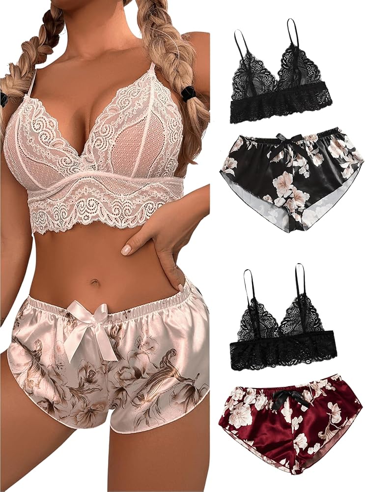 WDIRARA Women's 3 Sets Pajama Bralette and Satin Shorts Sleepwear Lingerie Pajama Set