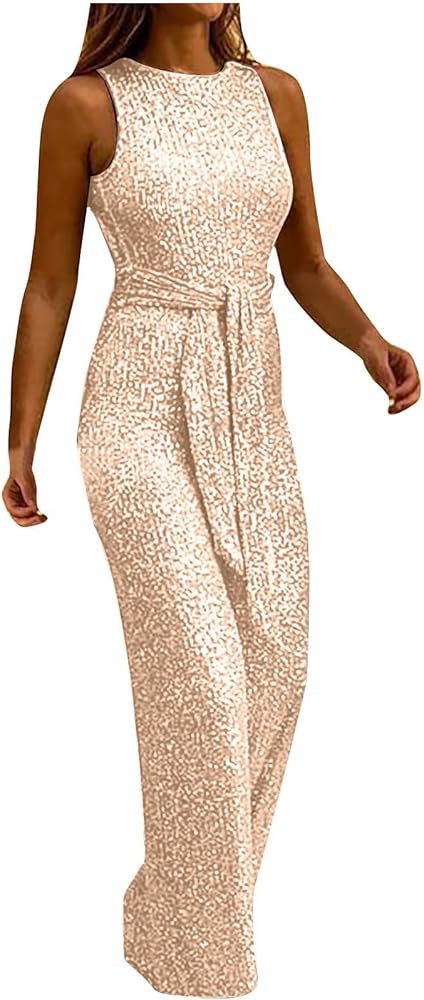 Ceboyel Women Rhinestone Sparkle Jumpsuits Sequin Sleeveless Belted Sexy Wrap Rompers Dressy Casual Long Pants Party Clothes