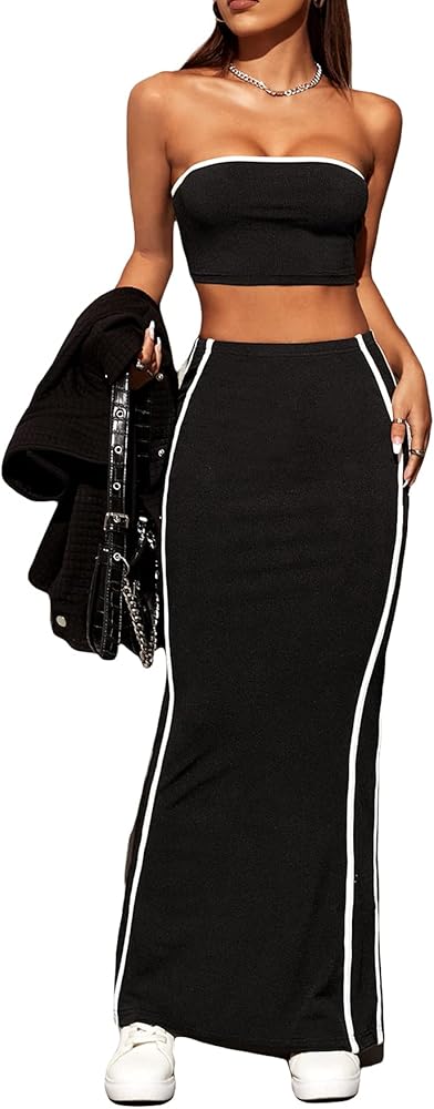 OYOANGLE Women's 2 Piece Outfit Set Y2K Contrast Binding Tube Crop Top and Maxi Skirt Set