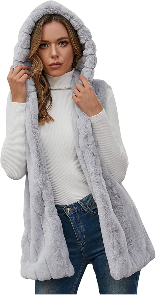 Womens Winter Jacket Fleece Women's Sleeveless Faux-Fur' Mid-length Hooded Vest Jacket Full Zip Sweater Fleece