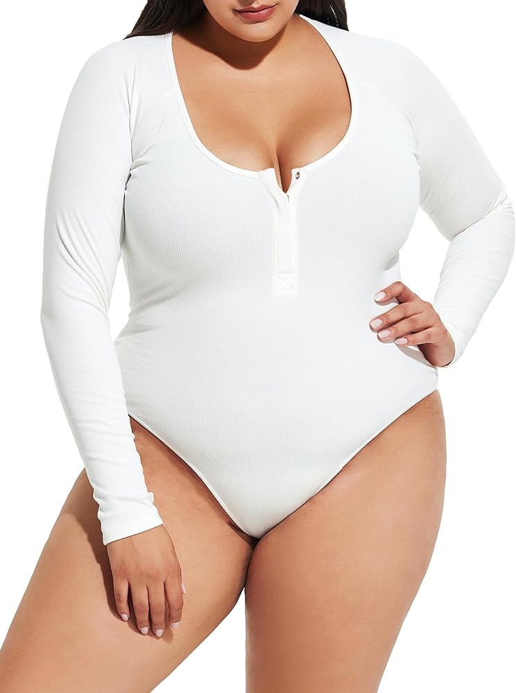 Long Sleeve Plus Size Bodysuit Shirts Women's Henley Sexy Top Scoop Neck Button Down Ribbed Body Suits