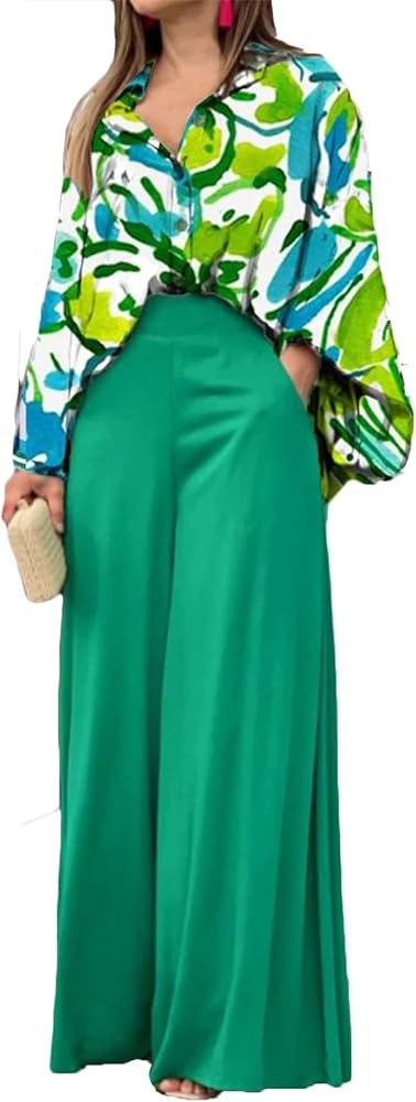 MRSYVES Two Piece Set For Women Loose Printed Lapel Shirt Wide Leg Pants With Pocket Casual Office Vacation Wedding Outfit Green Leaf-3XL