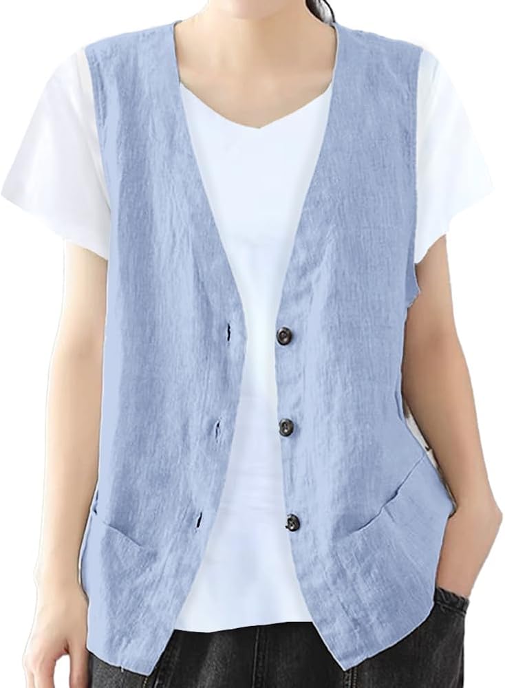 Womens Cotton Linen Vest Casual Sleeveless Lightweight Button Front Blazer Vest Jacket