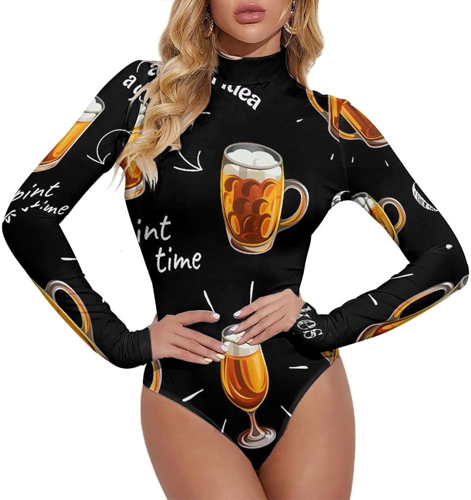 Beer Glasses Women's Bodysuit Tops Turtle Neck Long Sleeve Jumpsuit Print T Shirt