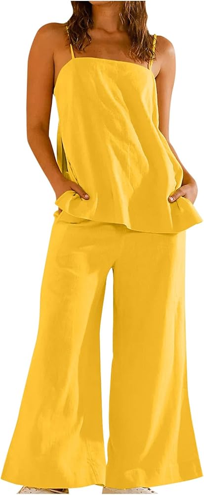 Womens Linen Set Summer 2 Piece Lounge Set Beach Outfits Sleeveless Cami Tops Wide Leg Pants Outfits With Pockets