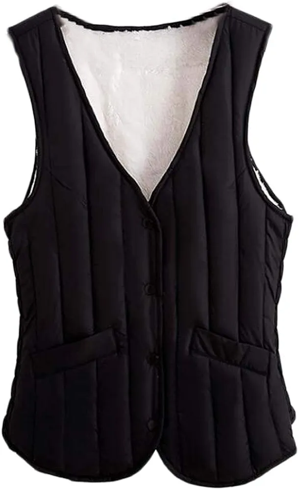 Women V-Neck Padded Waistcoat Autumn Bodysuit Vest Winter Warm Quilted Vest Sleeveless Jacket, Black