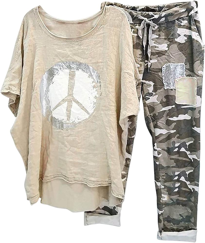 Women 2 Piece Lounge Set Cotton Linen 2024 Summer Casual Half Sleeve Tops and Drawstring Camouflage Pants with Pocket