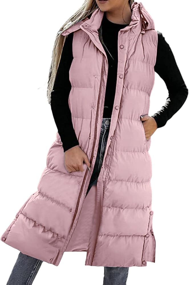 Puffer Vest for Women Sleeveless High Neck Y2K Full Zip Up Button Hooded Plain Long Down Coat Jacket Knee Length Thick Chunky