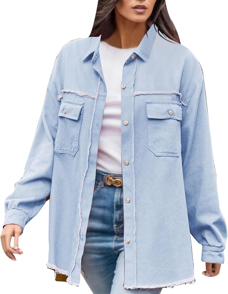 Jean Jacket Women 2024 Distressed Frayed Denim Jacket Ladies Retro Classic Ripped Stretchy Jacket Coats with Pockets