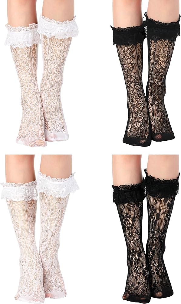 Geyoga 4 Pairs Lace Ruffle Frilly Ankle Socks Women Lace Socks Cute Dress Socks for Women Ladies Princess Accessories