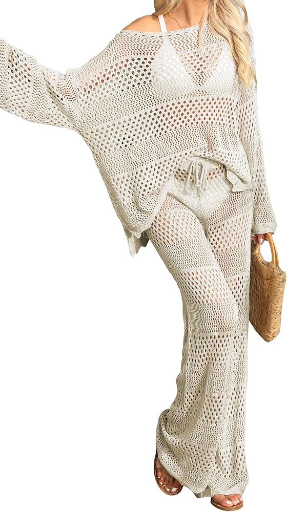 Famulily Womens 2 Piece Crochet Outfits Sexy Hollow Out Cover Up Sets Long Sleeve Tops and Drawstring Long Pants Matching Set