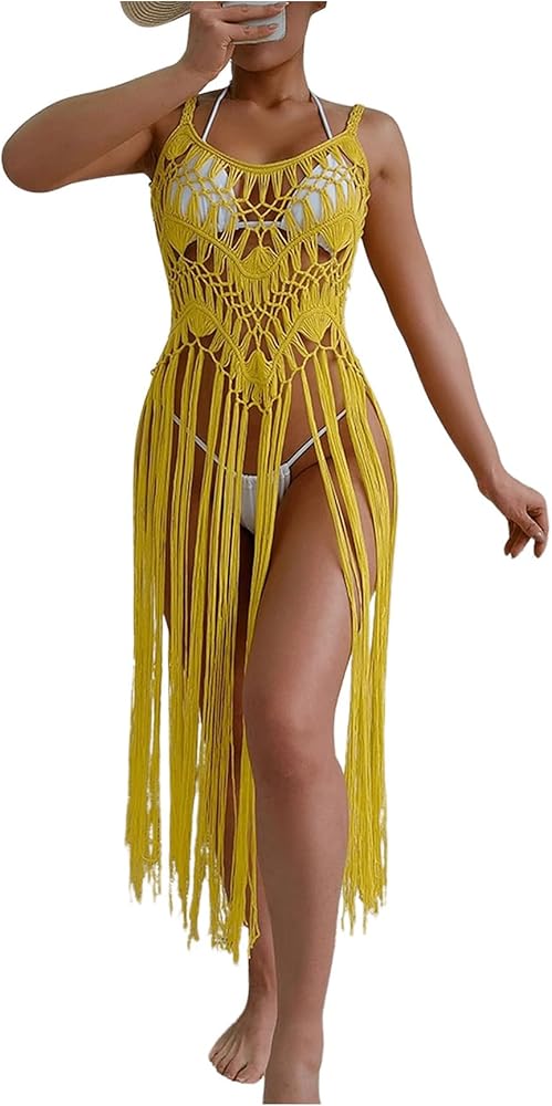 Floerns Women's Sleeveless Beachwear Swimwear Fringe Trim Crochet Kimono Cover Up