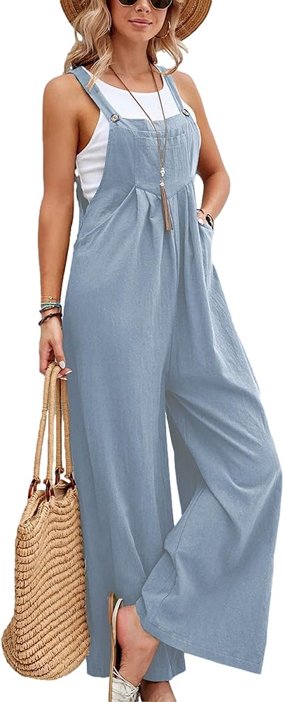 Casual Loose Jumpsuits for Women Linen Baggy Adjustable Wide Leg Bib Rompers Overalls with Pockets