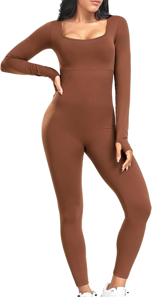 JOJOANS Women Workout Seamless Jumpsuit Yoga Ribbed Waist One Piece Long Sleeve Leggings Romper