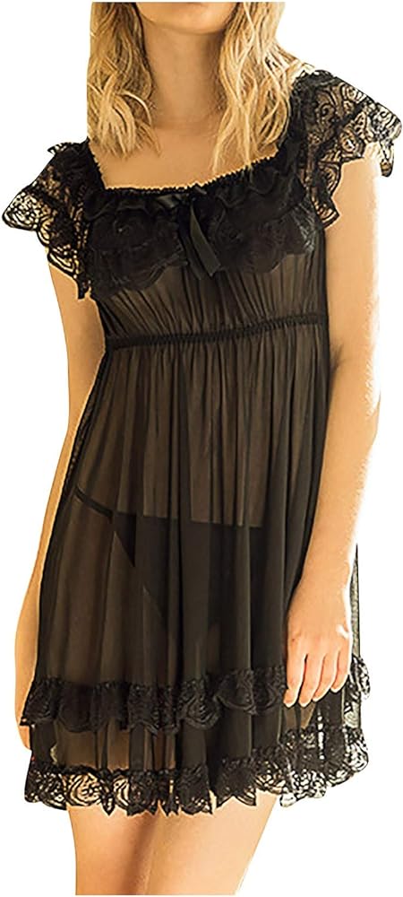 Women's Lace See Through Nightdress Mesh Deep V Sexy Lingerie Nightwear Strapless Sheer Babydoll Sleepwear Pajamas